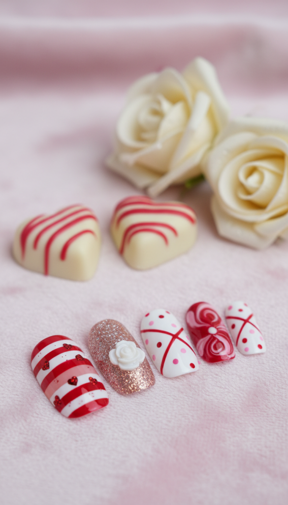 A beautifully arranged array of Valentine's nail designs displayed on a soft, light pink velvet background. In the foreground, close-up shots of various nails showcase intricate art: heart patterns, glitter accents, and romantic red and white color schemes. Some nails feature delicate floral motifs, while others showcase playful polka dots and stripes. In the middle, subtle props like small, elegant heart-shaped candies and roses add to the Valentine's theme without overpowering the nail art. The background gently blurs to create an ethereal atmosphere, with soft, diffused lighting enhancing the shimmer of the polishes. The overall mood is romantic and whimsical, perfect for celebrating love and creativity this season.