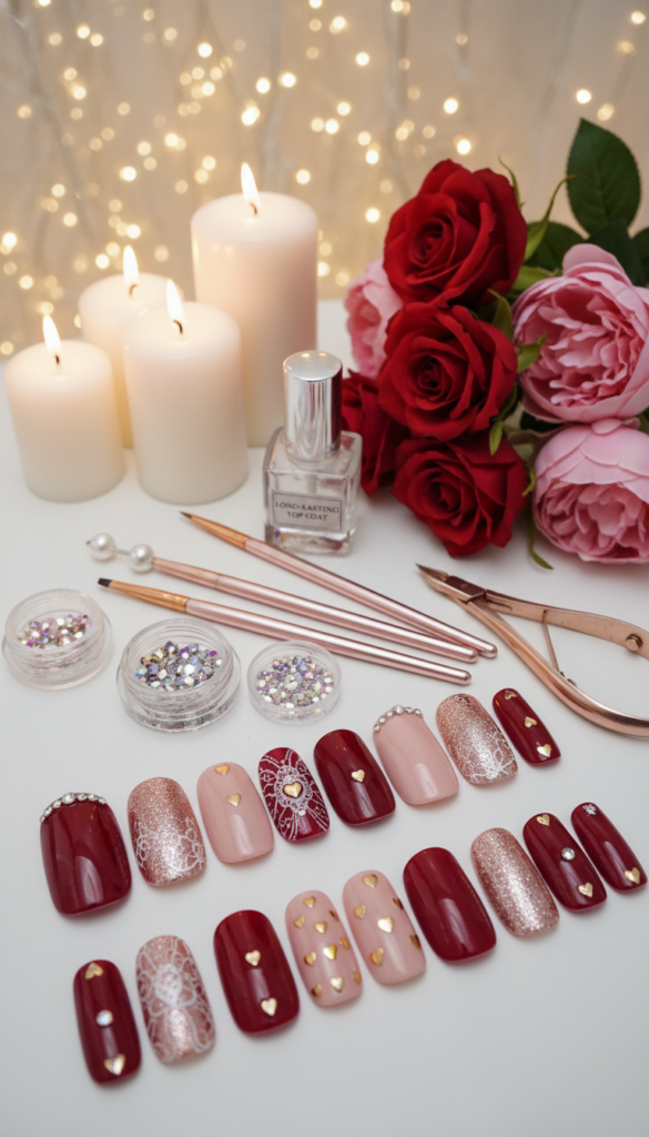 A beautifully arranged flat lay of long-lasting Valentine's nail art, showcasing a spectrum of elegant designs. In the foreground, meticulously painted nails in shades of deep red, soft pink, and shimmering rose gold display intricate patterns such as hearts, lace, and subtle glitter accents. The middle layer features stylish nail tools like brushes, a top coat, and rhinestones, enhancing the creative vibe. In the background, a soft focus reveals a romantic setting with candles, flowers, and soft fairy lights, casting a warm, inviting glow. The lighting is soft and diffused, creating a dreamy atmosphere. The image should be captured at a slight angle to highlight the nails' details, exuding a sense of elegance and charm perfect for the Valentine's season.