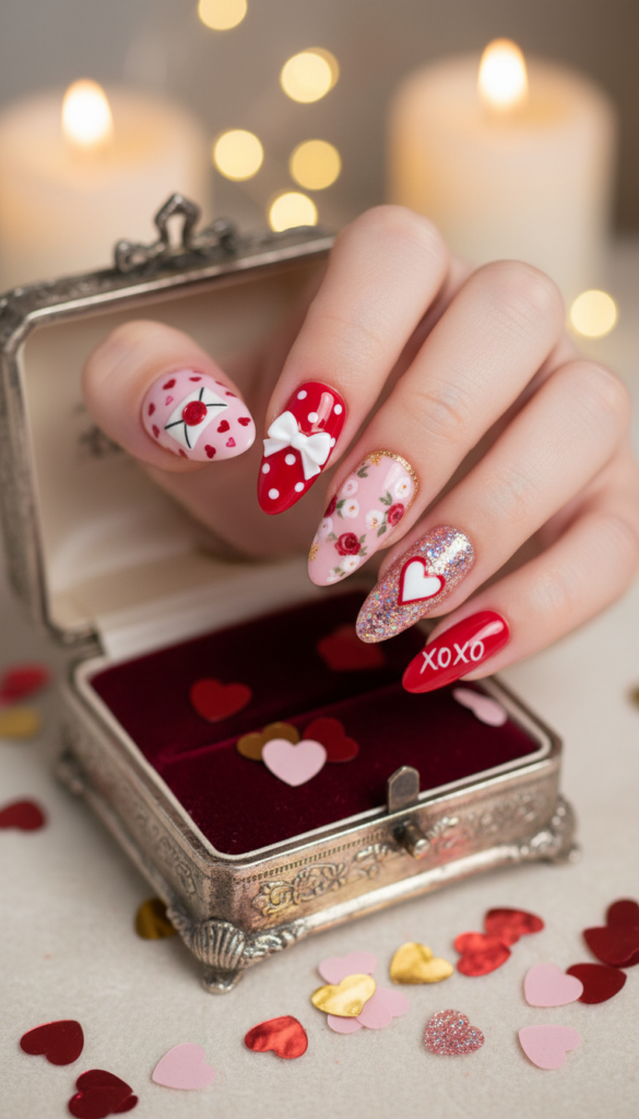 A beautifully manicured set of Valentine's Day nails, showcasing a variety of cute and playful nail art designs. The foreground features nails painted in soft pinks and reds, adorned with heart patterns, glitter accents, and pastel polka dots. Some nails display tiny love letters and floral designs, while others have a glossy finish with charming little bows. In the middle ground, there is a delicate, vintage-style jewelry box scattered with heart-shaped confetti, enhancing the romantic vibe. The background is softly blurred with a warm bokeh effect, reminiscent of a cozy Valentine's setting, illuminated by gentle, warm lighting. The overall mood is cheerful and festive, perfect for celebrating love this season.