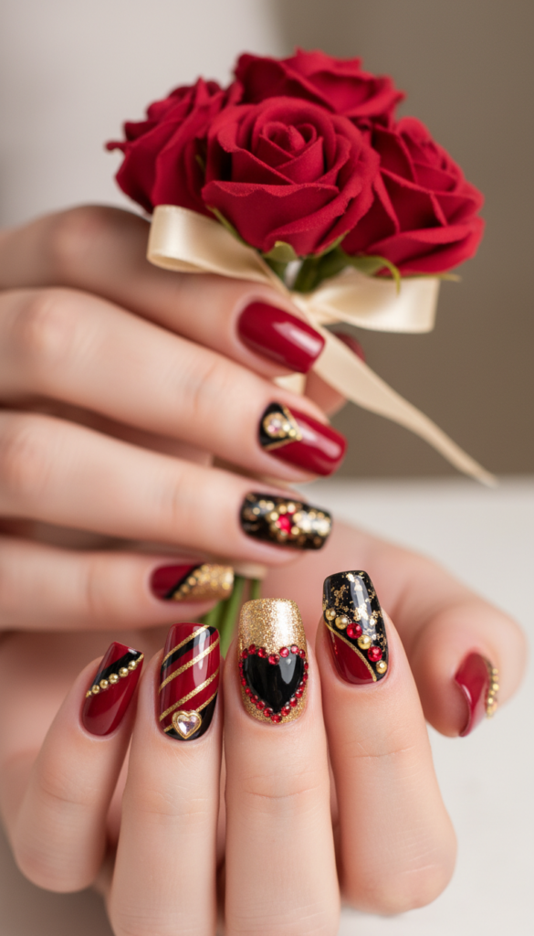 A close-up view of a stylish manicure featuring bold Valentine's nail designs. The foreground showcases a variety of nail art, including deep reds, glossy blacks, and shimmering golds, with intricate heart patterns and geometric shapes. Each nail is uniquely designed with dramatic flair, using embellishments like rhinestones and metallic accents. In the middle ground, a hand holding a delicate bouquet of red roses enhances the romantic theme. The background is softly blurred with warm, ambient lighting that creates a cozy and inviting atmosphere. The image captures the essence of luxury and dramatic style, emphasizing creativity and elegance in Valentine's nail art. Focused on a professional presentation, with no human subjects visible, this image reflects a bold and artistic exploration of Valentine's nail designs.