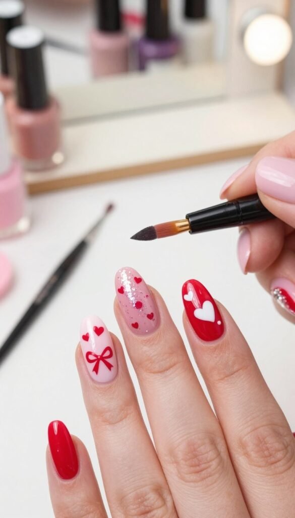 A close-up view of beautifully manicured nails featuring quick Valentine's nail art designs. The foreground highlights a variety of nail designs showcasing a mix of soft pinks, vibrant reds, and sparkling whites, adorned with hearts, tiny bows, and delicate flowers. The middle ground displays nail tools like a dotting tool and a small brush, suggesting ease of application. In the background, a softly blurred vanity with scattered glitter and nail polish bottles creates a cozy atmosphere. The lighting is bright and inviting, enhancing the glittery details of the nail art, while a shallow depth of field keeps the focus on the stunning nails. The overall mood is cheerful and playful, perfect for last-minute Valentine’s Day preparations.