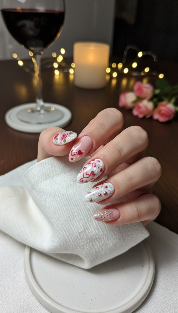 A close-up view of beautifully manicured nails featuring romantic nail art, including soft pastel colors like blush pink and creamy white, adorned with delicate heart and rose designs. The nails are set against an elegant, softly blurred background with warm, ambient lighting that creates a cozy and intimate atmosphere. Subtle sparkles and tiny gemstones are subtly integrated into the design for a touch of glamor. The scene captures the essence of a special date night, with the nails positioned gracefully on a textured white linen surface, reflecting a sense of love and romance. The angle is slightly tilted to highlight the intricate details of the nail art, inviting admiration and inspiration for Valentine's Day.