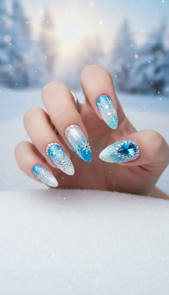 A close-up view of elegant nail art featuring crystal embellishments, showcasing a variety of icy designs in frosty blue, white, and silver shades. The nails are adorned with sparkling crystals and delicate frost-like patterns, reflecting light beautifully. The foreground includes a hand gently resting on a white surface, with impeccable attention to detail on each nail's intricate design. The middle layer displays a subtle, blurred background of a winter landscape with soft, ethereal lighting that enhances the icy theme. The overall atmosphere is serene and sophisticated, evoking a sense of winter elegance. The image should have a soft, diffused light, capturing the brilliance of the crystals while maintaining a cool color palette, shot from a slightly elevated angle to showcase the nails prominently. A close-up view of elegant nail art featuring crystal embellishments, showcasing a variety of icy designs in frosty blue, white, and silver shades. The nails are adorned with sparkling crystals and delicate frost-like patterns, reflecting light beautifully. The foreground includes a hand gently resting on a white surface, with impeccable attention to detail on each nail's intricate design. The middle layer displays a subtle, blurred background of a winter landscape with soft, ethereal lighting that enhances the icy theme. The overall atmosphere is serene and sophisticated, evoking a sense of winter elegance. The image should have a soft, diffused light, capturing the brilliance of the crystals while maintaining a cool color palette, shot from a slightly elevated angle to showcase the nails prominently.