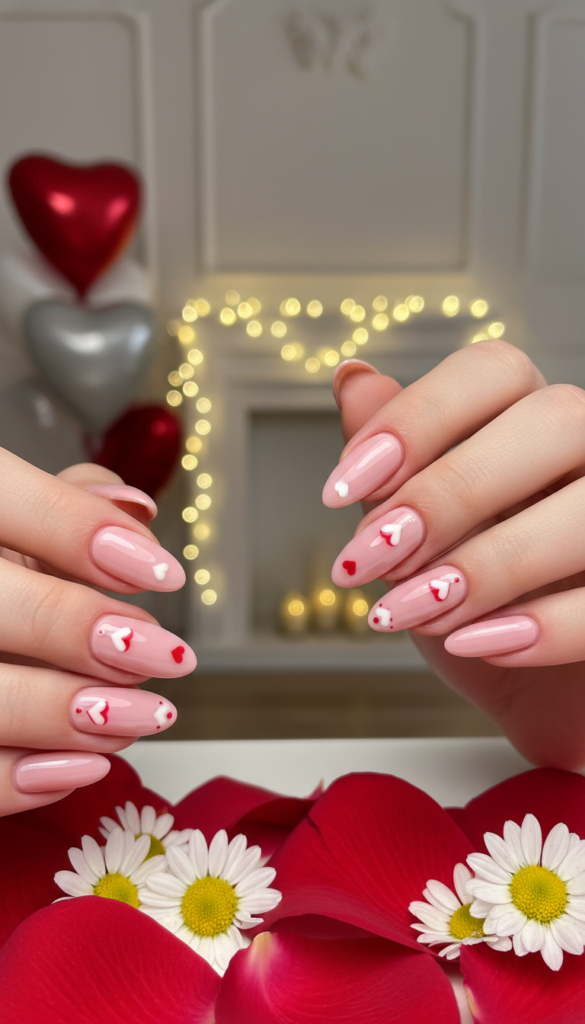 A close-up view of elegantly manicured classic Valentine's nails, showcasing a soft pink base with subtle heart designs in white and delicate red accents. The nails are shaped in a classy almond silhouette, perfectly polished to reflect soft ambient light. In the foreground, gracefully arranged floral elements, such as red roses and white daisies, complement the nail art. The middle layer features a blurred, elegant backdrop of a softly lit room adorned with romantic decorations like heart-shaped balloons and twinkling fairy lights, creating a warm and inviting atmosphere. The lighting enhances the colors of the nail art, casting a gentle glow that emphasizes the intricate details. The overall mood is romantic, sophisticated, and perfect for Valentine's Day celebrations.