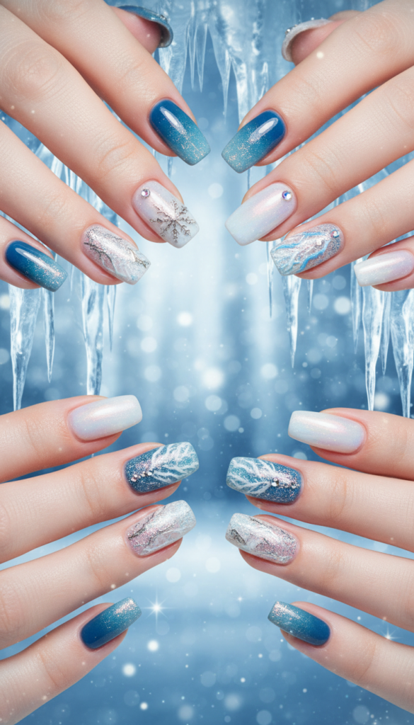 A close-up view of icy nail designs, featuring a variety of stunning winter-themed nail art. The foreground showcases several manicured hands adorned with intricate icy patterns, shimmering frost effects, and delicate snowflake decals in hues of icy blue, white, and silver. The middle layer includes a stylish winter-themed background with soft, bokeh lights that create an ethereal atmosphere, resembling glistening ice and snow. The lighting is soft and cool, highlighting the intricate details of the nail art. A subtle sparkle effect enhances the enchanting vibe, evoking the magic of winter. The image should capture a luxurious yet inviting mood, perfect for showcasing captivating winter nail ideas. A close-up view of icy nail designs, featuring a variety of stunning winter-themed nail art. The foreground showcases several manicured hands adorned with intricate icy patterns, shimmering frost effects, and delicate snowflake decals in hues of icy blue, white, and silver. The middle layer includes a stylish winter-themed background with soft, bokeh lights that create an ethereal atmosphere, resembling glistening ice and snow. The lighting is soft and cool, highlighting the intricate details of the nail art. A subtle sparkle effect enhances the enchanting vibe, evoking the magic of winter. The image should capture a luxurious yet inviting mood, perfect for showcasing captivating winter nail ideas.