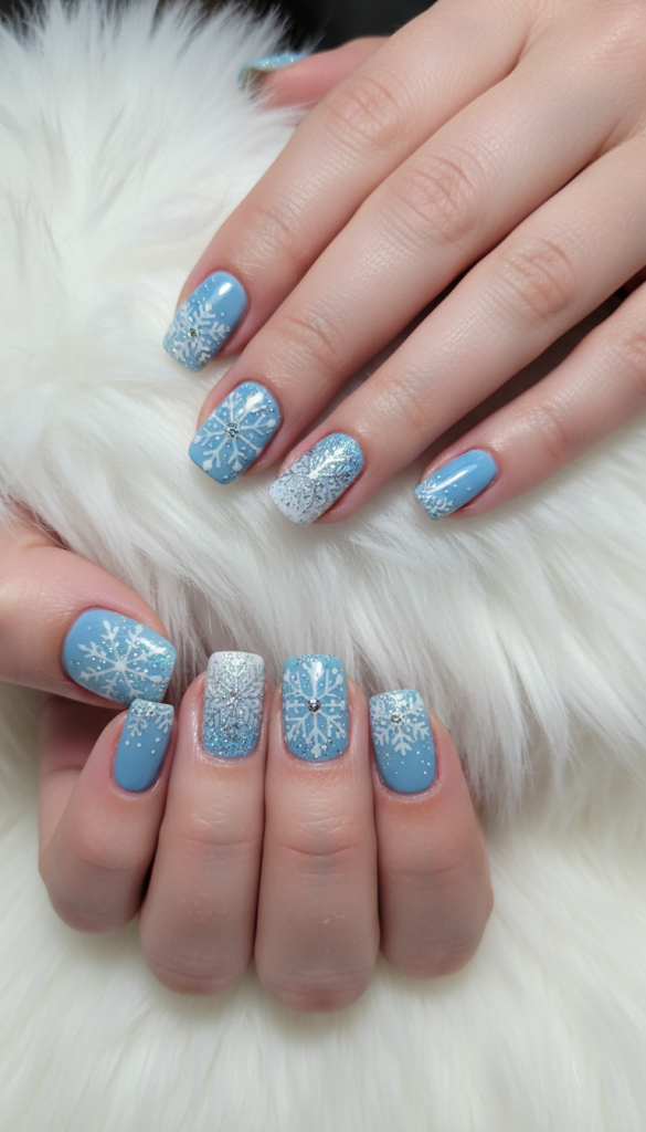 A close-up view of intricate snowflake nail art on elegantly manicured hands, showcasing a variety of delicate snowflake designs painted in icy blues and shimmering whites. The nails are detailed with fine, crisp lines and glitter that catch the light, creating a frosty effect. The hands are placed gently on a soft, white faux fur background, enhancing the wintery theme. The lighting is soft and diffused, casting a gentle glow that highlights the nail art's precision and artistry. A shallow depth of field draws focus to the nails while creating a dreamy atmosphere, evoking the beauty of a serene winter landscape. The overall mood is elegant and enchanting, perfect for showcasing the allure of winter-inspired nail designs. A close-up view of intricate snowflake nail art on elegantly manicured hands, showcasing a variety of delicate snowflake designs painted in icy blues and shimmering whites. The nails are detailed with fine, crisp lines and glitter that catch the light, creating a frosty effect. The hands are placed gently on a soft, white faux fur background, enhancing the wintery theme. The lighting is soft and diffused, casting a gentle glow that highlights the nail art's precision and artistry. A shallow depth of field draws focus to the nails while creating a dreamy atmosphere, evoking the beauty of a serene winter landscape. The overall mood is elegant and enchanting, perfect for showcasing the allure of winter-inspired nail designs.