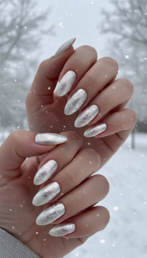 A close-up view of manicured hands displaying classic icy nails, featuring a glossy finish with shimmering silver and white hues. The nails have intricate, frosty designs reminiscent of snowflakes, adding an elegant touch to the overall look. The hands are positioned gracefully against a soft-focus winter-themed background, such as gently falling snowflakes or a blurred icy landscape. Soft, diffused lighting enhances the nails' sparkle and sheen, creating a magical winter atmosphere. The camera angle is slightly above the hands, capturing the intricate details without distractions. This composition conveys a sense of sophistication and winter glamour, perfectly suited for a winter style theme. A close-up view of manicured hands displaying classic icy nails, featuring a glossy finish with shimmering silver and white hues. The nails have intricate, frosty designs reminiscent of snowflakes, adding an elegant touch to the overall look. The hands are positioned gracefully against a soft-focus winter-themed background, such as gently falling snowflakes or a blurred icy landscape. Soft, diffused lighting enhances the nails' sparkle and sheen, creating a magical winter atmosphere. The camera angle is slightly above the hands, capturing the intricate details without distractions. This composition conveys a sense of sophistication and winter glamour, perfectly suited for a winter style theme.