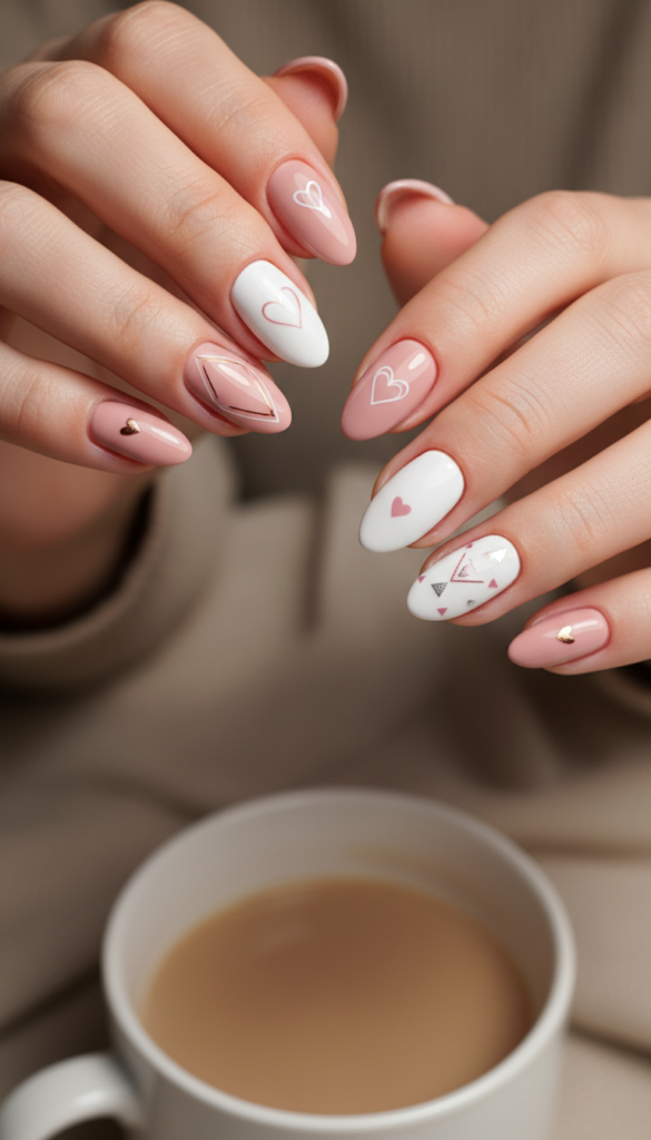 A close-up view of minimalist Valentine's nail art designed for everyday wear. The foreground features elegantly manicured nails painted in soft pastel shades such as blush pink and gentle white. Each nail showcases subtle heart motifs, delicate lines, and simple geometric shapes, embodying a romantic yet understated feel. In the middle ground, a simple and elegant background with a light, neutral color softly blurs, allowing the nail art to stand out. The lighting is warm and soft, casting gentle shadows that enhance the texture of the nails. The atmosphere is serene and inviting, perfect for an everyday look that adds a touch of love to any outfit. No text, watermarks, or additional clutter present.