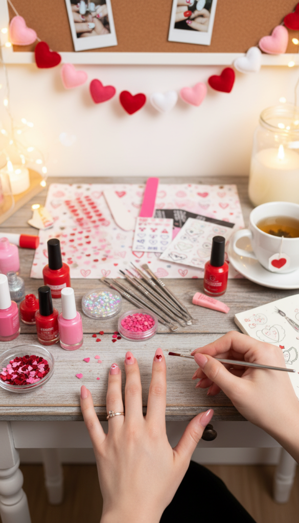 A detailed and inviting workspace scene showcasing DIY Valentine's nail art techniques. In the foreground, a stylish hand is painting vibrant red and pink heart designs on a perfectly manicured nail, with tools like nail polish bottles, brushes, and glitter adorning the table. In the middle, a beautifully arranged assortment of nail art tools, including dotting tools, nail stickers, and various polish shades, creates a creative atmosphere. The background features soft, warm lighting that enhances the cheerful Valentine's theme, with subtle heart decorations on the wall. The camera angle captures the scene from a slight overhead perspective, emphasizing the hand's artistry while maintaining a cozy, inspiring mood that invites viewers to explore DIY nail art creativity. Make sure the setting conveys accessibility and fun.
