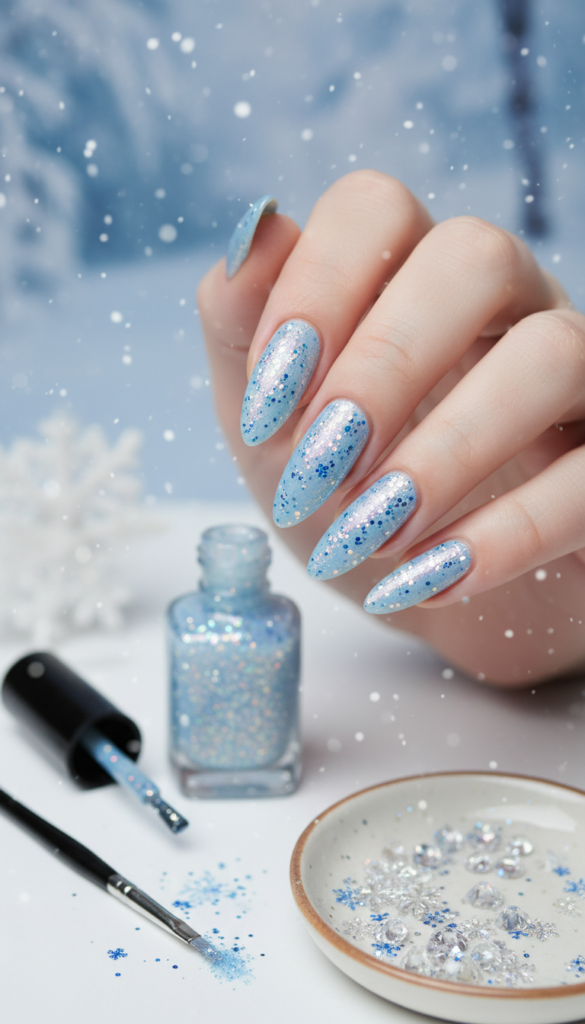 Create an image of elegant icy blue nails adorned with sparkling glitter for a glamorous winter look. In the foreground, showcase a close-up of long, impeccably manicured nails, featuring a smooth icy blue finish that captures light beautifully, while glimmers of iridescent silver and blue glitter catch the eye, enhancing their shine. In the middle ground, arrange tools such as nail polish, a small brush, and decorative elements like snowflakes or crystals, subtly indicating the nail art theme. The background should be softly blurred with a wintery ambiance, including a soft-focus view of falling snowflakes and a cool, frosty color palette. Use soft, diffused lighting to create a dreamy atmosphere, highlighting the nails' intricate details and the magical essence of winter celebrations. Create an image of elegant icy blue nails adorned with sparkling glitter for a glamorous winter look. In the foreground, showcase a close-up of long, impeccably manicured nails, featuring a smooth icy blue finish that captures light beautifully, while glimmers of iridescent silver and blue glitter catch the eye, enhancing their shine. In the middle ground, arrange tools such as nail polish, a small brush, and decorative elements like snowflakes or crystals, subtly indicating the nail art theme. The background should be softly blurred with a wintery ambiance, including a soft-focus view of falling snowflakes and a cool, frosty color palette. Use soft, diffused lighting to create a dreamy atmosphere, highlighting the nails' intricate details and the magical essence of winter celebrations.