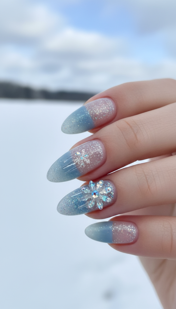 Create an image showcasing a close-up view of fashionable winter nails featuring a striking combination of matte and glossy icy textures. The foreground should display beautifully manicured nails, half matte and half glossy, with shimmering frost-like details and subtle sparkles that catch the light. The middle layer should include a delicate crystal nail design accenting a couple of nails, reflecting icy blues and silvers. The background can feature a soft, blurred winter landscape with hints of snowy white and soft blue hues to enhance the chilly atmosphere. The lighting should be bright yet soft, creating a harmonious glow that enhances the icy effect. Use a macro lens perspective to capture intricate details, evoking a stylish and elegant winter mood. Create an image showcasing a close-up view of fashionable winter nails featuring a striking combination of matte and glossy icy textures. The foreground should display beautifully manicured nails, half matte and half glossy, with shimmering frost-like details and subtle sparkles that catch the light. The middle layer should include a delicate crystal nail design accenting a couple of nails, reflecting icy blues and silvers. The background can feature a soft, blurred winter landscape with hints of snowy white and soft blue hues to enhance the chilly atmosphere. The lighting should be bright yet soft, creating a harmonious glow that enhances the icy effect. Use a macro lens perspective to capture intricate details, evoking a stylish and elegant winter mood.