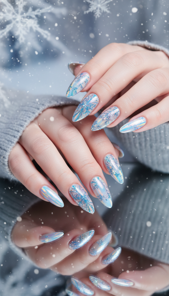 a close-up of holographic nails that glisten like ice crystals, featuring intricate designs in shimmering silver and iridescent blue tones. The nails should reflect a spectrum of colors, showcasing a magical, frosty feel, reminiscent of an ice queen's elegance. The foreground captures the nails prominently, with glimmers and sparkle highlighted by soft, diffused lighting. In the middle ground, a delicate, reflective surface enhances the holographic effect, while the background remains softly blurred with a winter-themed ambiance, perhaps light snowflakes falling softly. The overall mood is ethereal and enchanting, perfect for a stylish winter aesthetic. The nails should be depicted on elegantly manicured hands, with the person wearing modest, chic attire to maintain professionalism. a close-up of holographic nails that glisten like ice crystals, featuring intricate designs in shimmering silver and iridescent blue tones. The nails should reflect a spectrum of colors, showcasing a magical, frosty feel, reminiscent of an ice queen's elegance. The foreground captures the nails prominently, with glimmers and sparkle highlighted by soft, diffused lighting. In the middle ground, a delicate, reflective surface enhances the holographic effect, while the background remains softly blurred with a winter-themed ambiance, perhaps light snowflakes falling softly. The overall mood is ethereal and enchanting, perfect for a stylish winter aesthetic. The nails should be depicted on elegantly manicured hands, with the person wearing modest, chic attire to maintain professionalism.