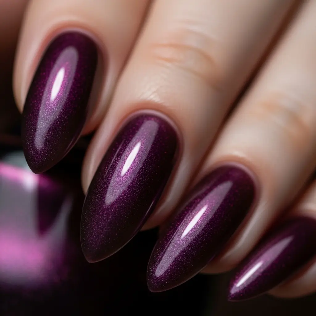 Summer Nail Color 2026 – Smoky Plum Berry Jelly Chrome Almond Nails