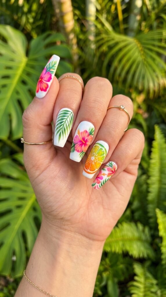 Tropical Nail Art — Hibiscus, Palm Leaves, and Fruit Accents
