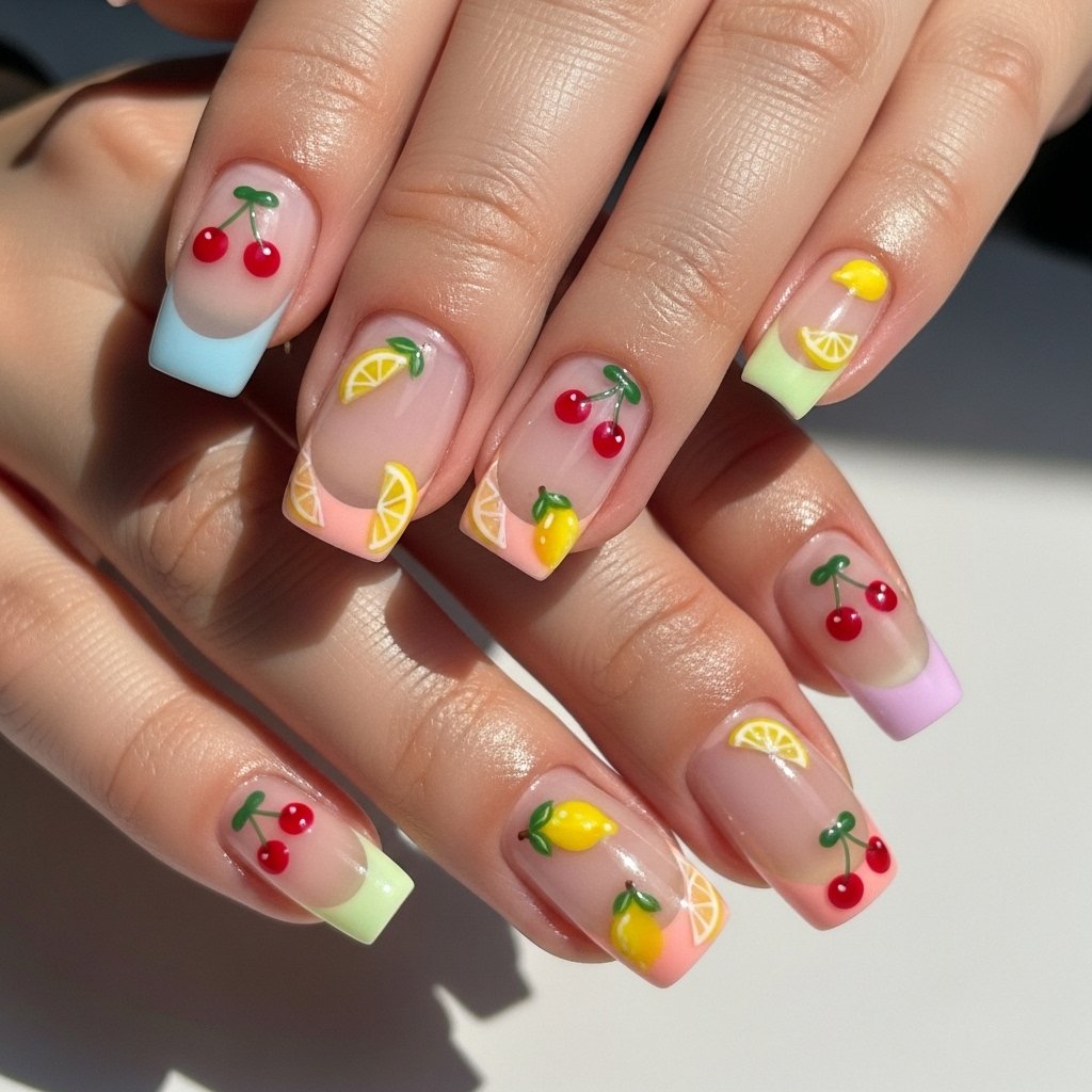 Ultra realistic close-up nail photography, summer 2026, fruity French tip nails, miniature cherries and lemons painted on sheer base, playful nail art, bright cheerful aesthetic, natural light, beauty editorial, high detail macro, pastel tips with fruit motif accents