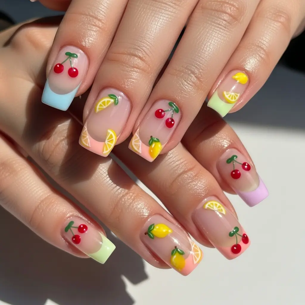 Ultra realistic close-up nail photography, summer 2026, fruity French tip nails, miniature cherries and lemons painted on sheer base, playful nail art, bright cheerful aesthetic, natural light, beauty editorial, high detail macro, pastel tips with fruit motif accents