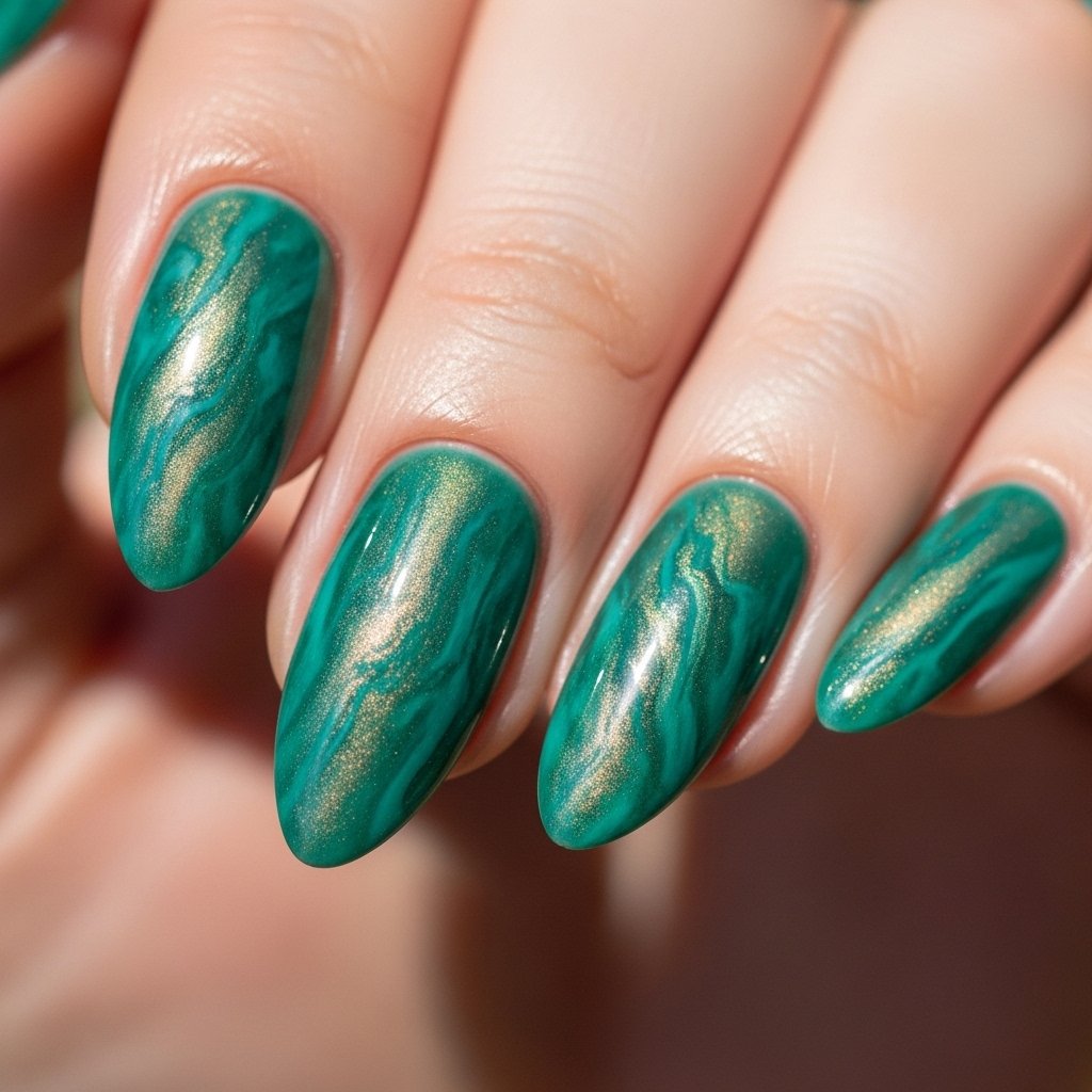 Summer Nail Color 2026 – Jade Green Chrome Marble Almond Nails