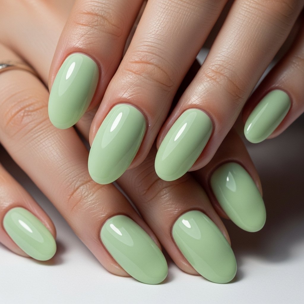 Summer Nail Color 2026 – Soft Pistachio Cream Oval Nails Minimal