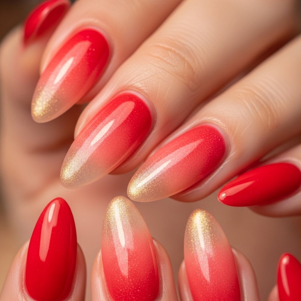 Summer Nail Color 2026 – Cherry Red Coral Aura Ombre Almond Nails