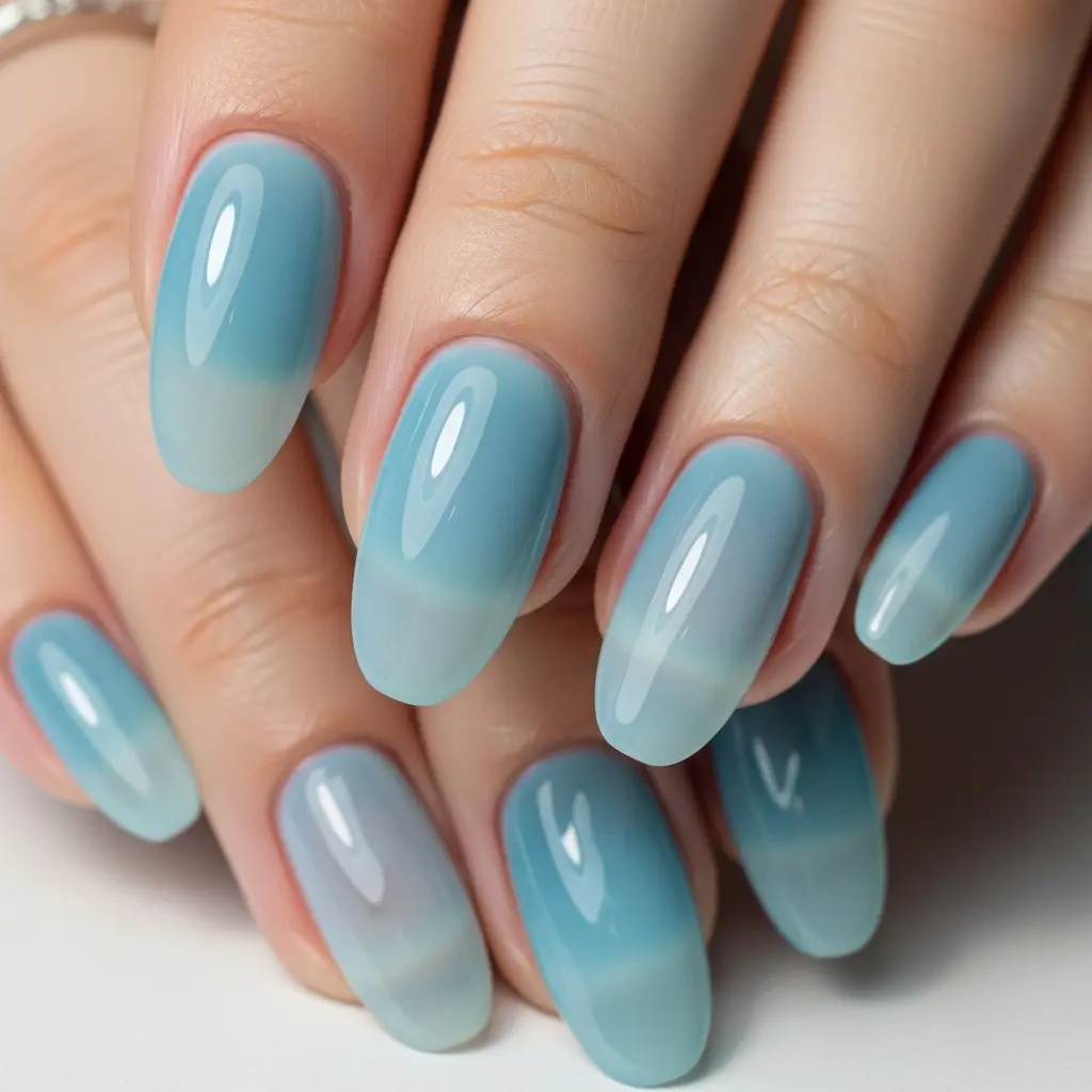 Summer Nail Color 2026 – Foggy Sky Blue Jelly Squoval Nails