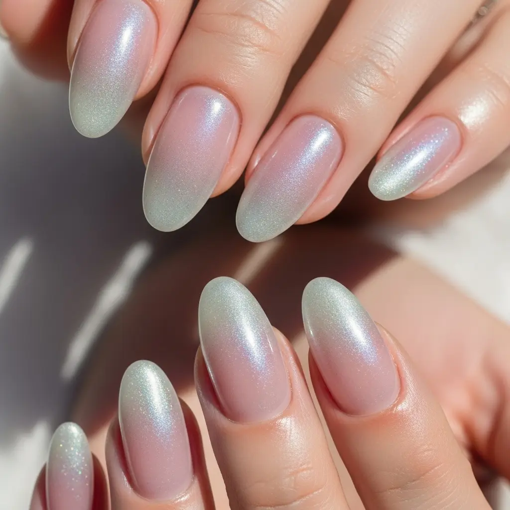 Summer Nail Color 2026 – Pearl Shell Aura Mermaid Chrome Oval Nails