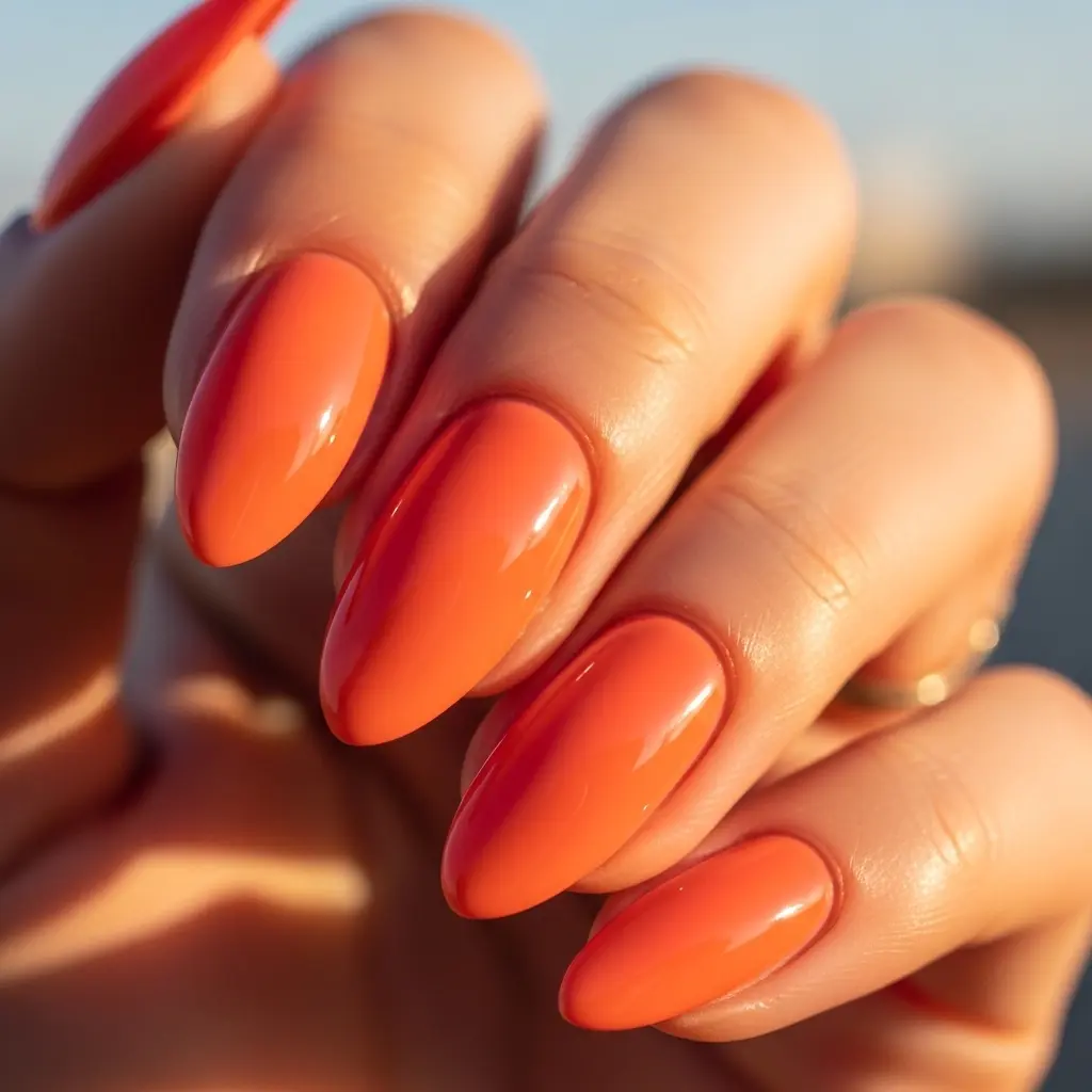 Summer Nail Color 2026 – Tangerine Coral Dewy Gel Almond Nails
