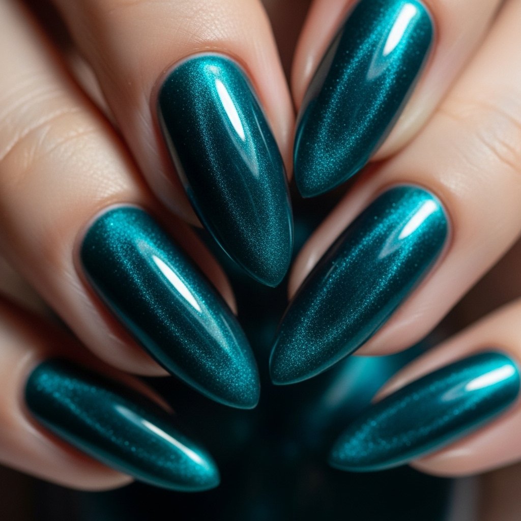 Summer Nail Color 2026 – Bold Teal Magnetic Cat Eye Chrome Nails