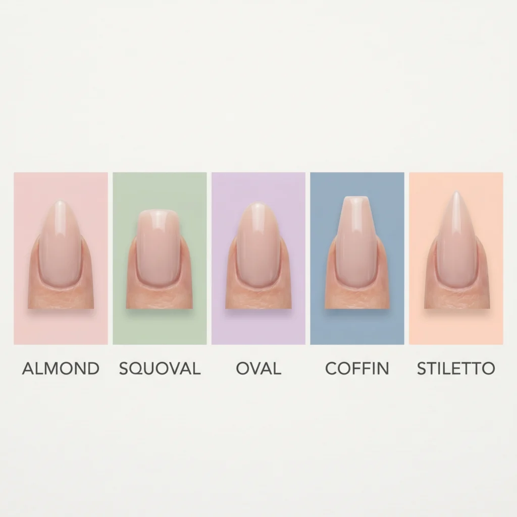 Flat-lay of five nail shapes side by side — almond, squoval, oval, coffin, stiletto — pastel color-coded with 2026 trend rankings on a white background