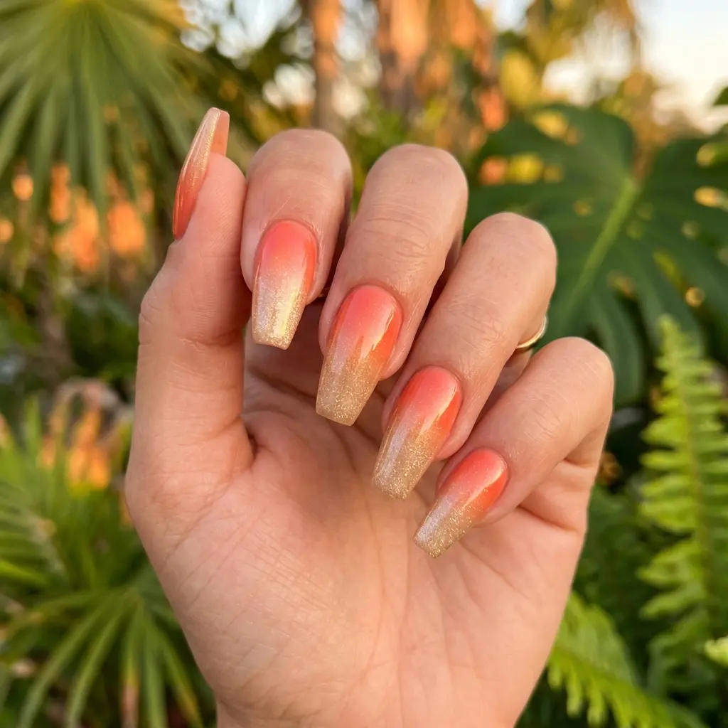 Medium coffin nails with a warm sunset ombre gradient — coral fading to soft gold — tropical summer backdrop