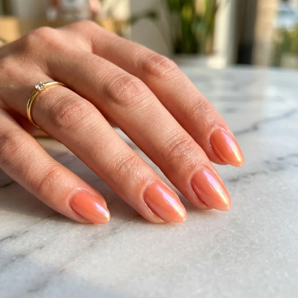 Short almond nails in a sheer peach-coral jelly finish — white marble background, natural sunlight, glossy glazed effect