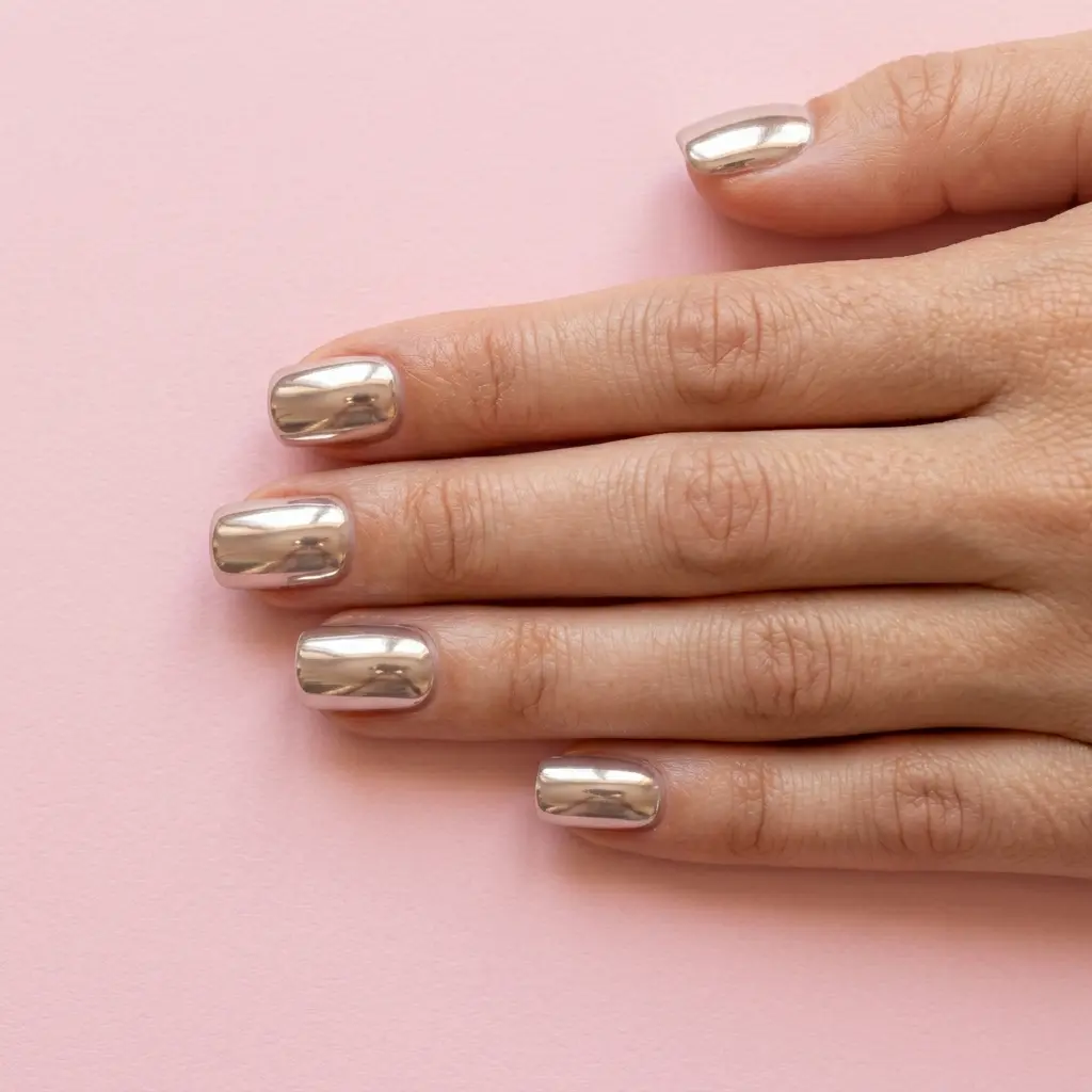 Short square nails in soft mirror chrome metallic — warm studio lighting, pastel pink background