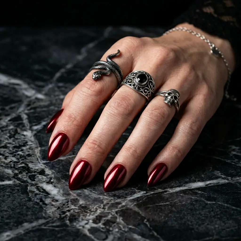 Short stiletto nails in deep cherry red metallic gel — dark marble background, dramatic moody lighting
