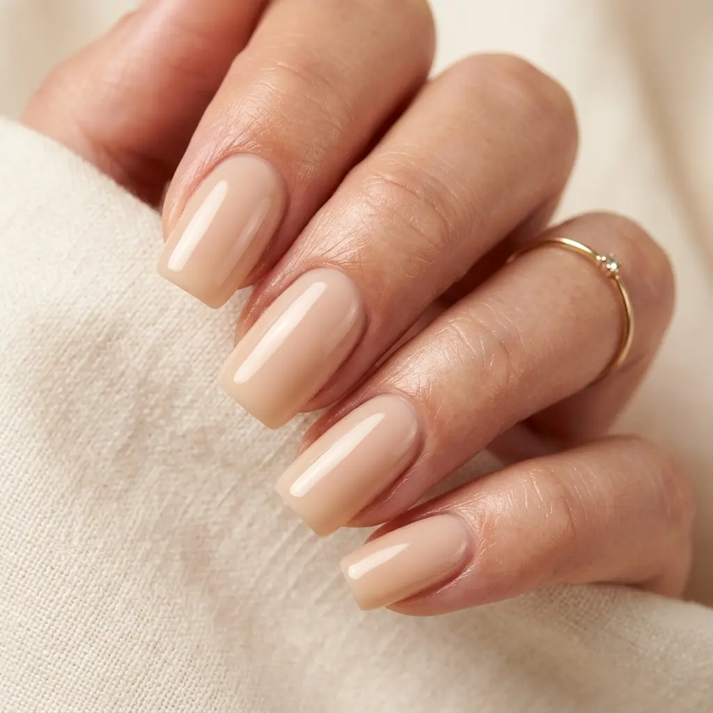 Squoval nails in a milky BIAB gloss finish — soft studio lighting, cream background, quiet luxury aesthetic