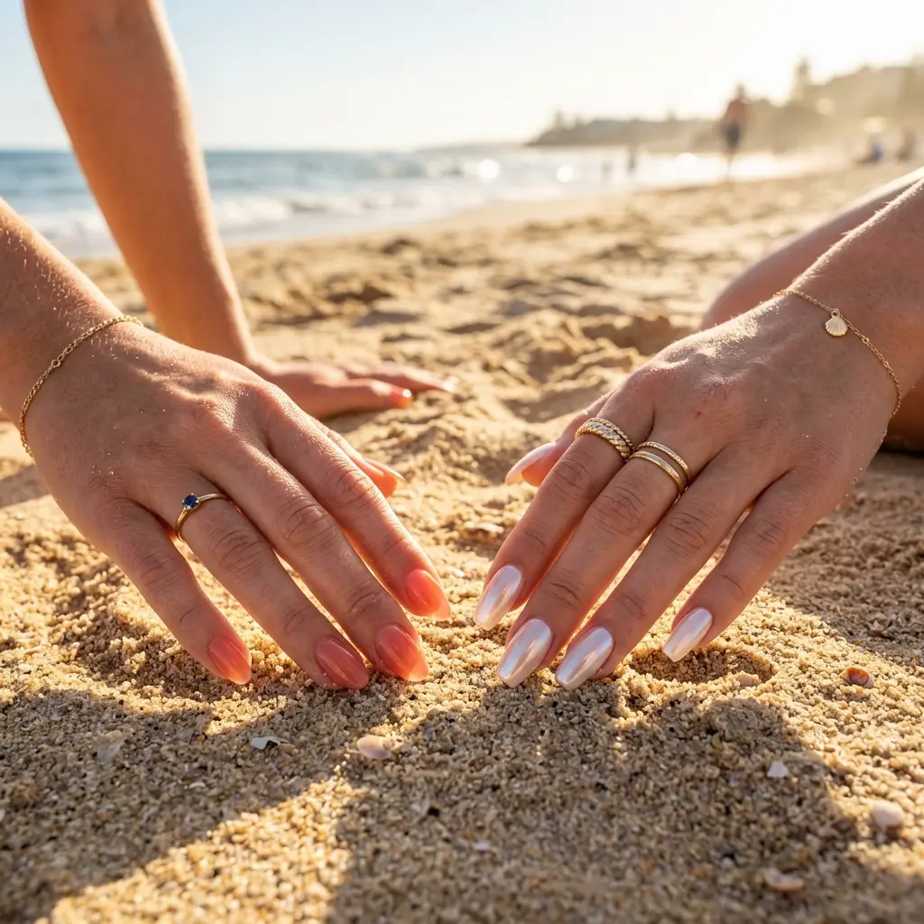 Two hands side by side on a sandy beach surface — one with short almond nails in sheer coral, one with medium coffin nails in glazed chrome, natural sunlight